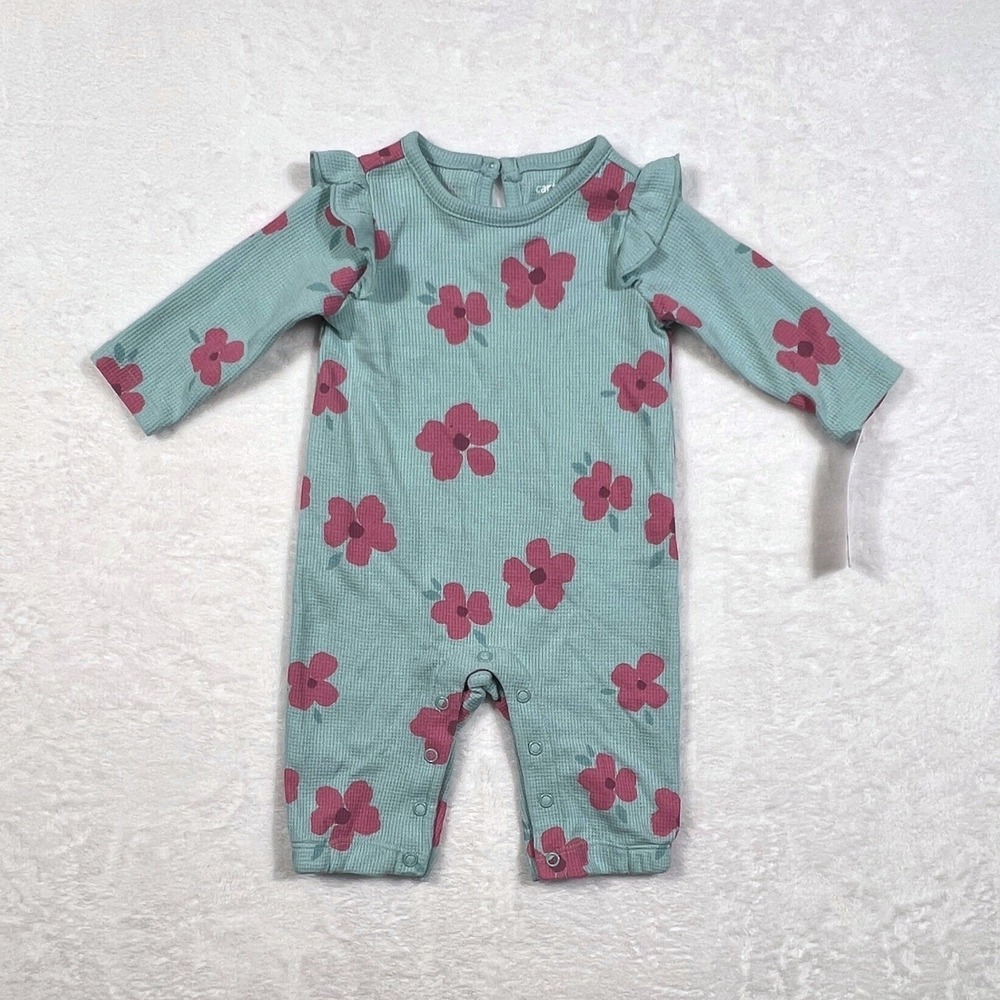 Carters Just One You Baby Girls Teal Pink Floral Waffle Knit Jumpsuit 3M NEW
